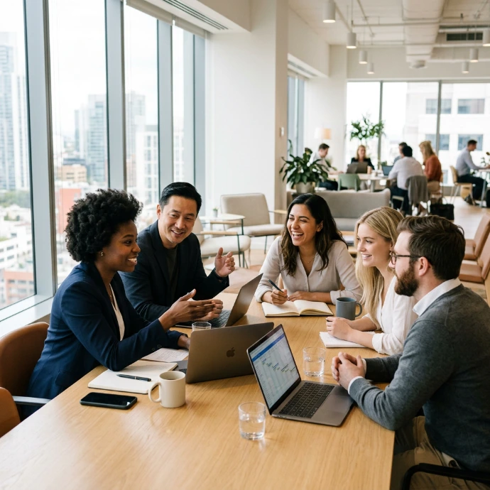 AI Generated Betrokken team aan het werk in een modern kantoor